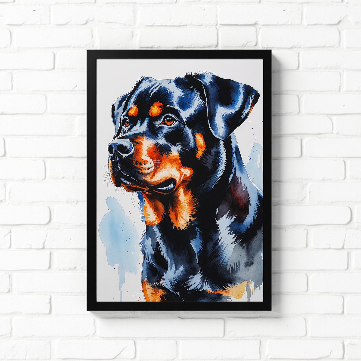 Watercolor Rottweiler dog portrait in black and mahogany with blue wash