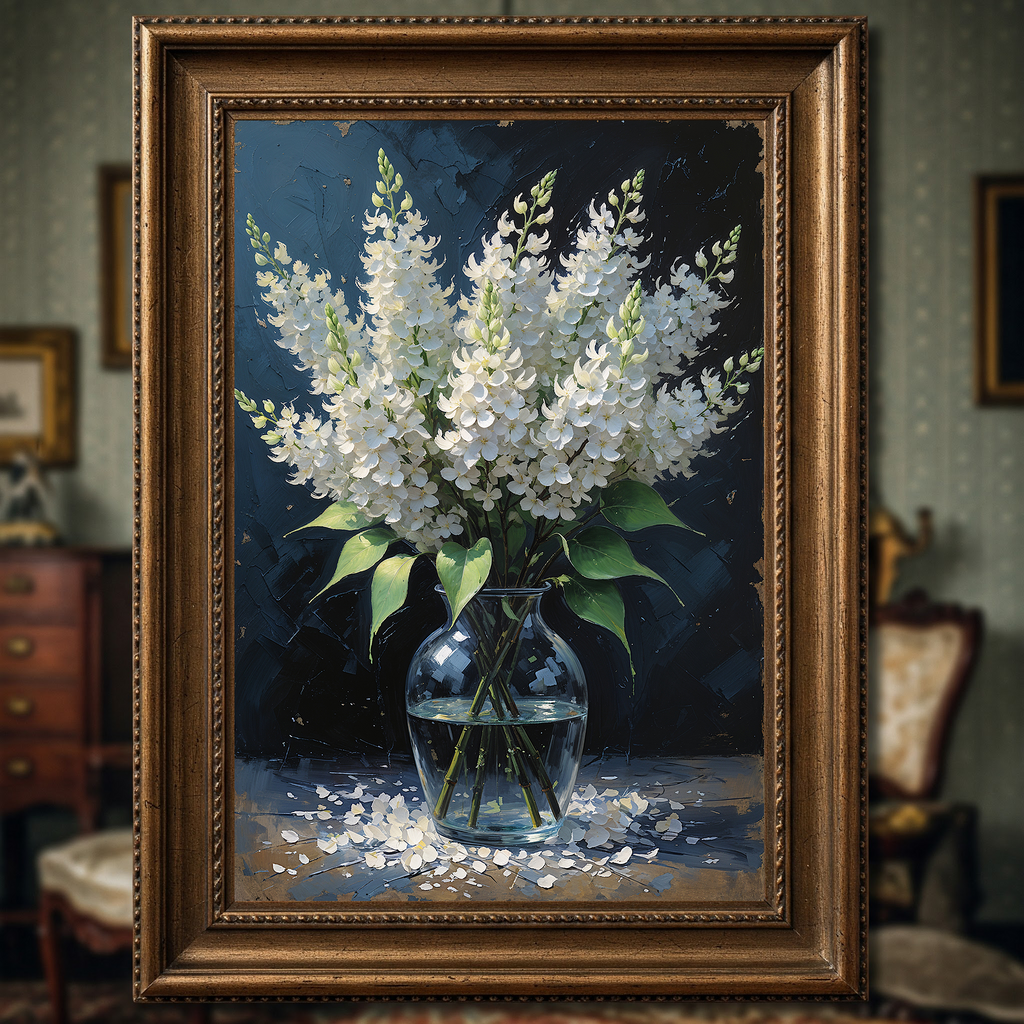 Vintage White Lilac Oil Painting Printable Wall Art | Digital Download