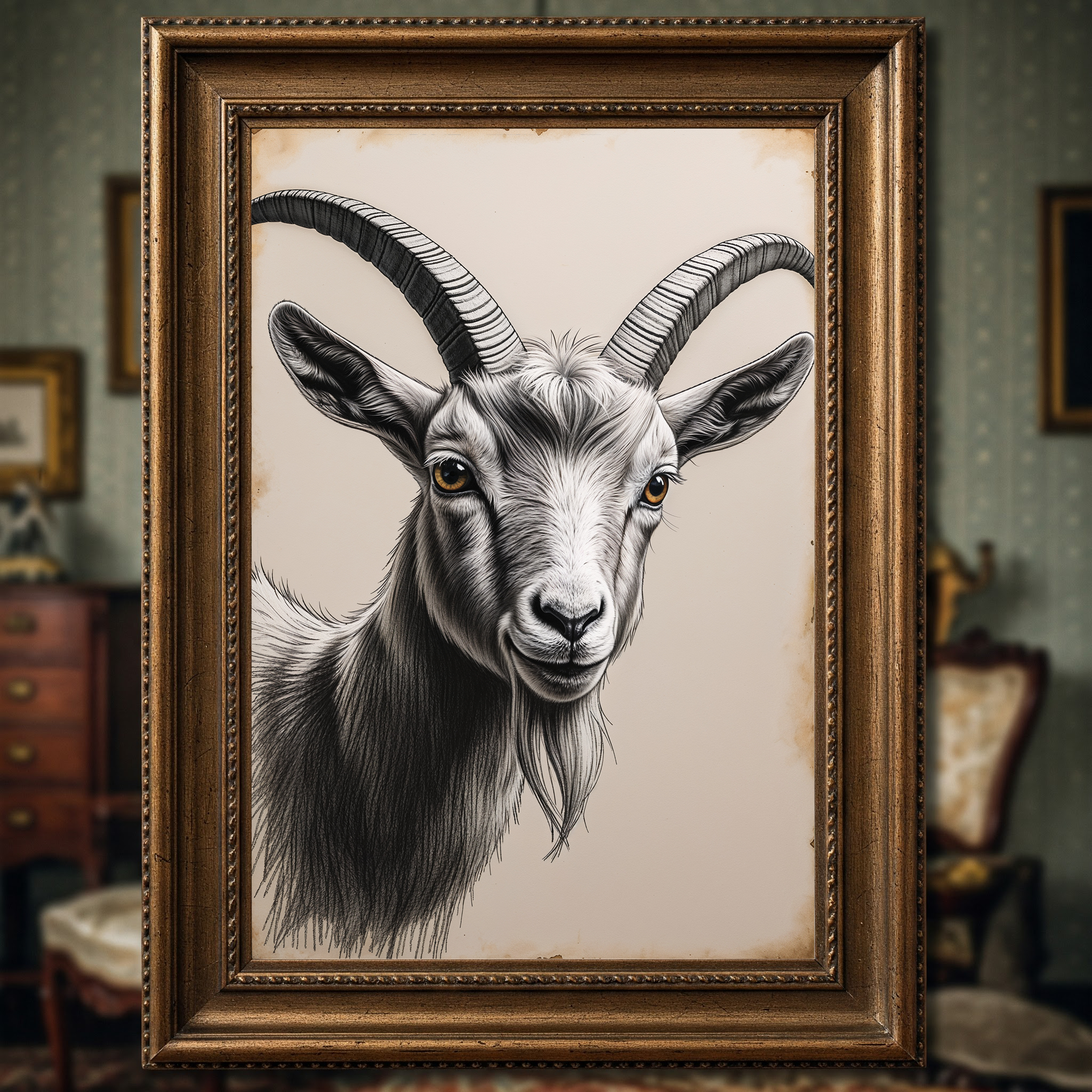 Detailed digital print of a vintage goat portrait art by Reflectionare, showcasing a farm animal illustration on a white background.