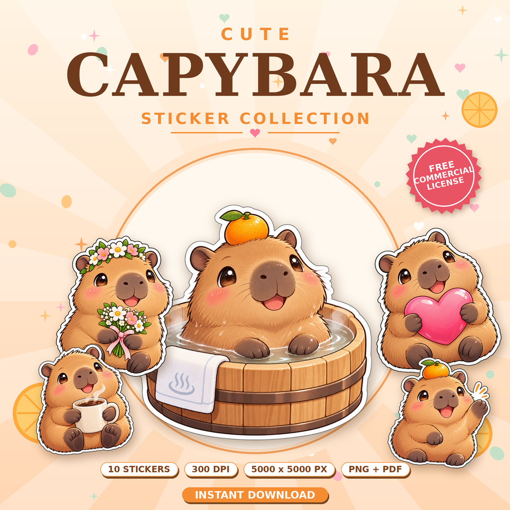 Cute Capybara Sticker Collection - 10 PNG Clipart Pack