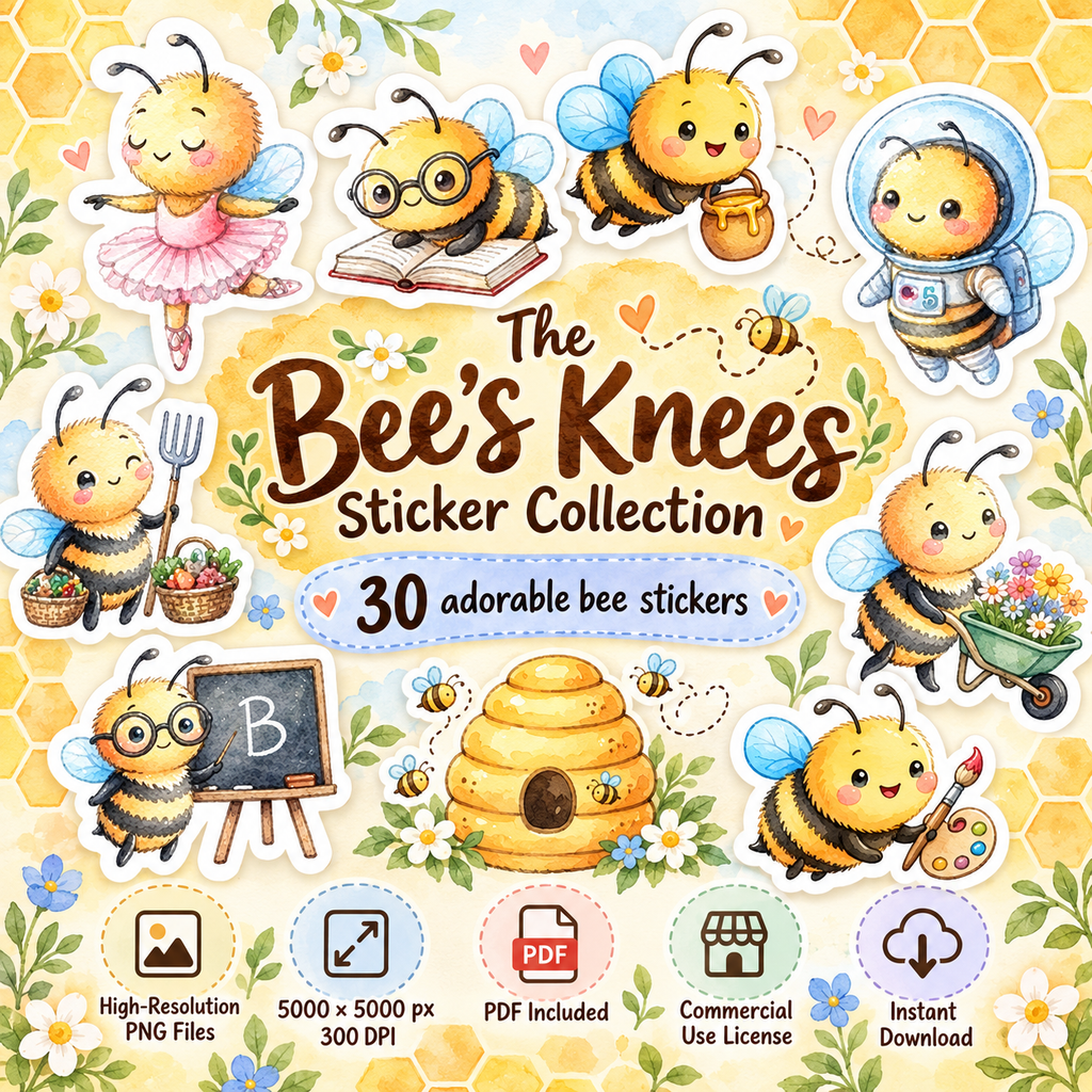 Cute Bumble Bee Stickers PNG Clipart Pack | Digital Download