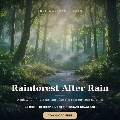 Rainforest after rain with a sunlit jungle stream, shown as a free 4K digital wallpaper.