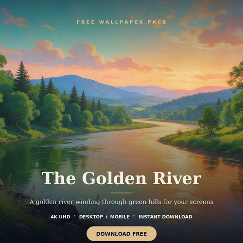Golden river winding through a forest valley at sunset, shown as a free 4K digital wallpaper.