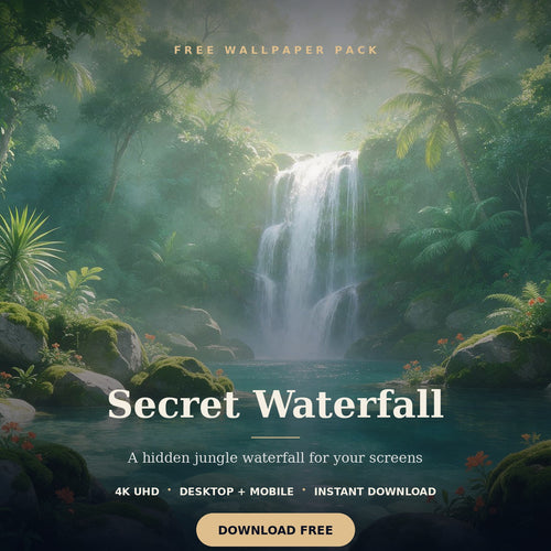 Secret waterfall flowing into a hidden tropical lagoon, shown as a free 4K digital wallpaper.