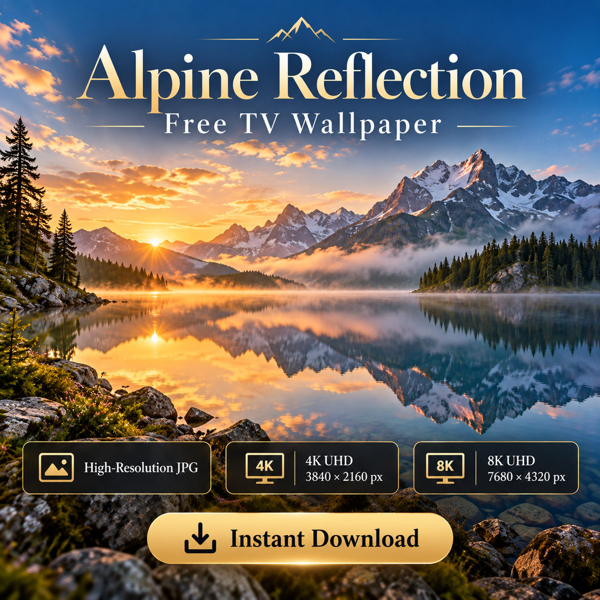 Alpine Reflection free TV wallpaper with snowy mountains reflected in a lake at golden sunrise and 4K and 8K details