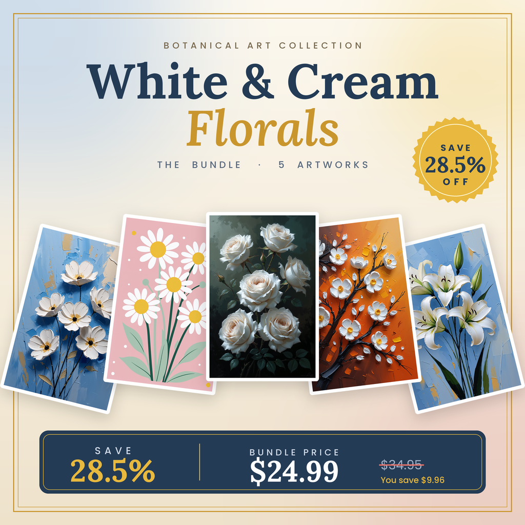 White & Cream Florals - 5 Premium Botanical Wall Art Prints Bundle