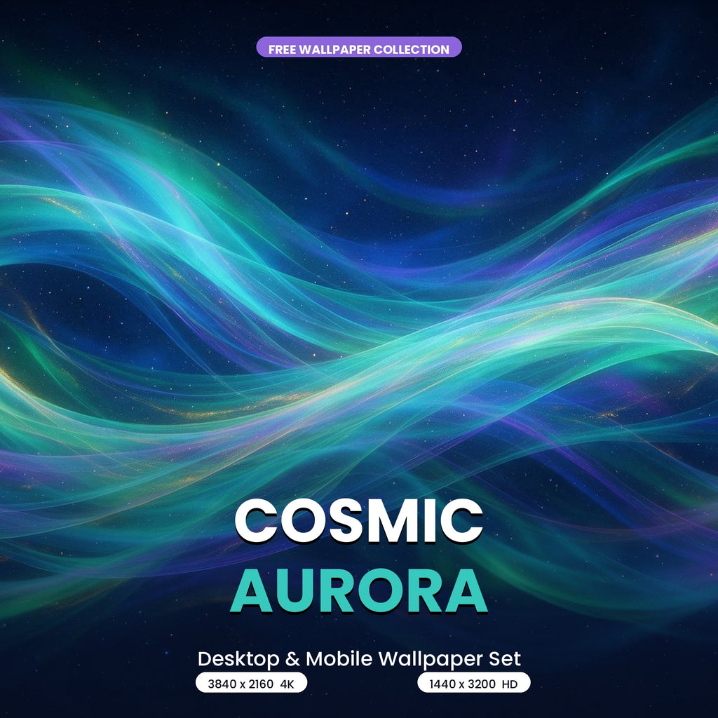 Cosmic Aurora free wallpaper set with flowing turquoise, blue and violet light waves over a starry background