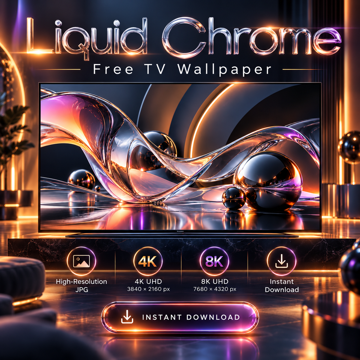 Liquid Chrome free 4K and 8K TV wallpaper preview with reflective chrome and glass forms