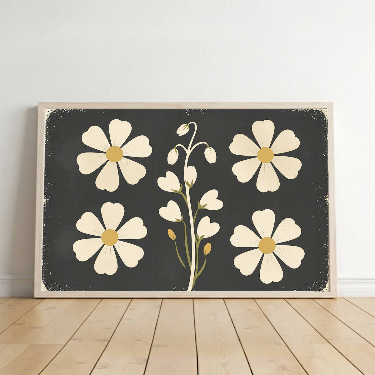 Retro white daisy floral wall art on a dark charcoal textured background