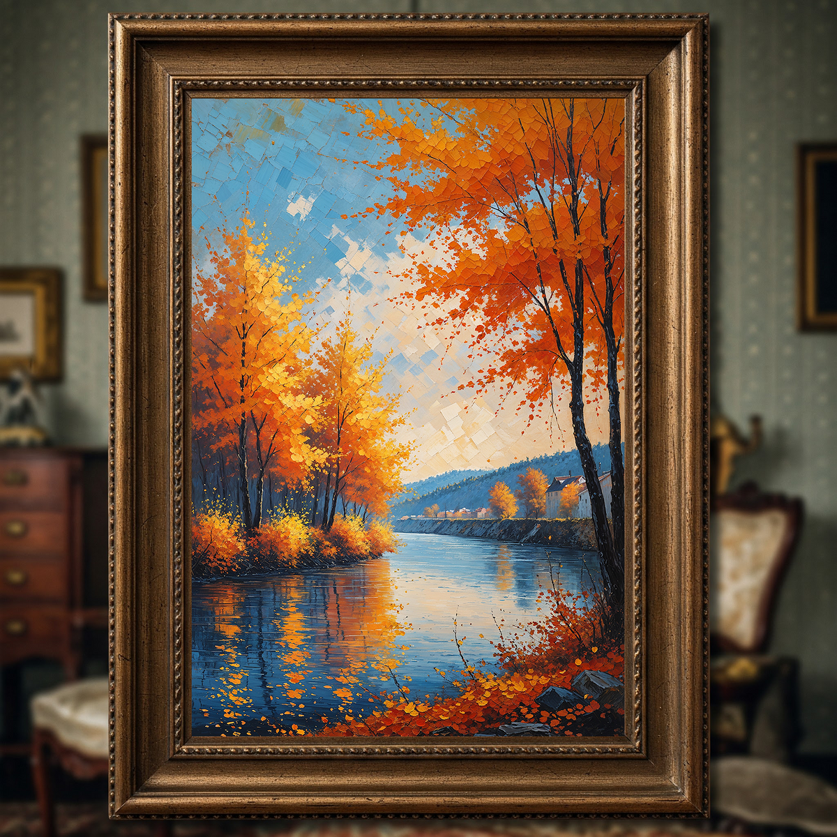 Vintage Autumn River retro landscape wall art print by Reflectionare