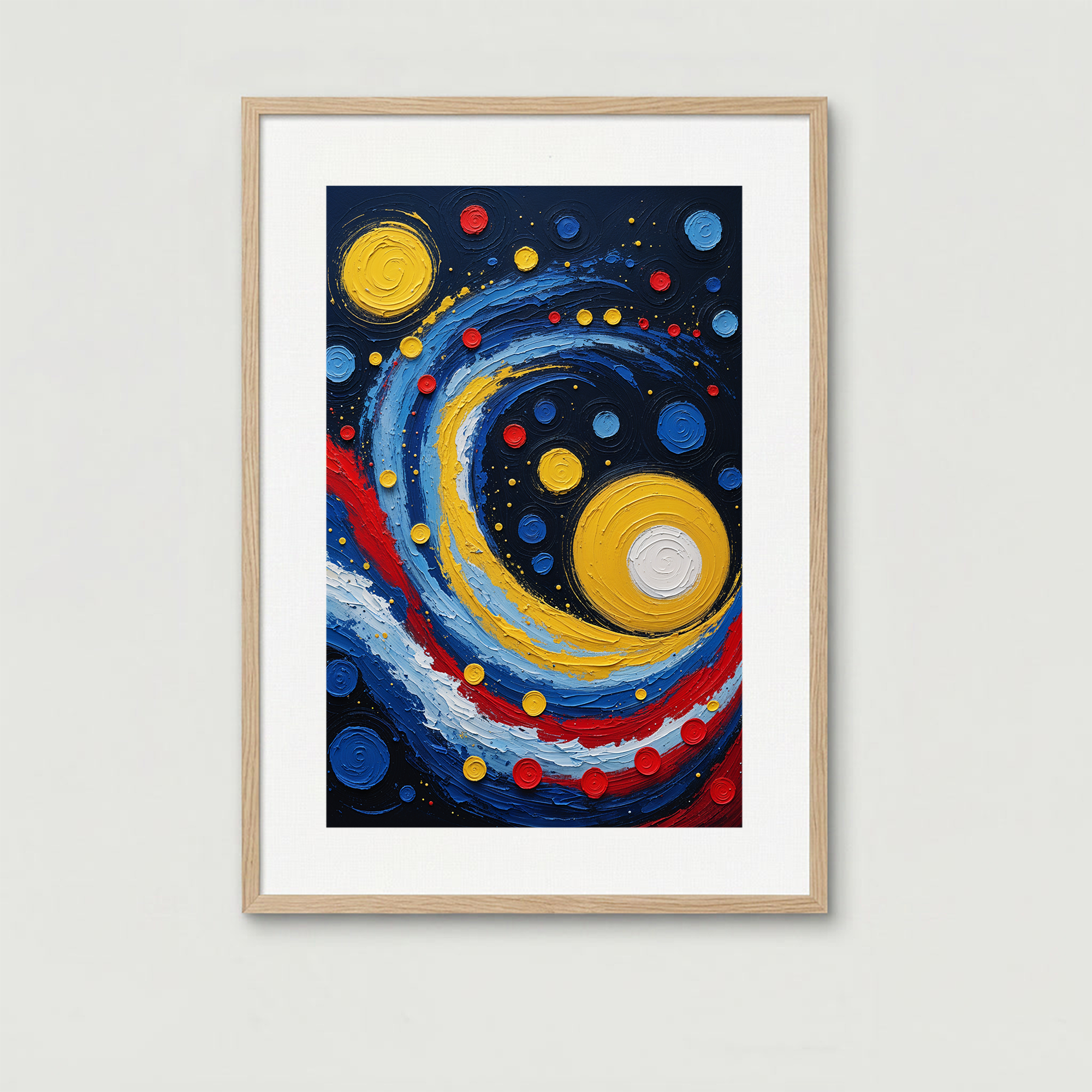 Abstract cosmic swirl impasto oil painting print by Reflectionare, featuring celestial textured seascape digital art.