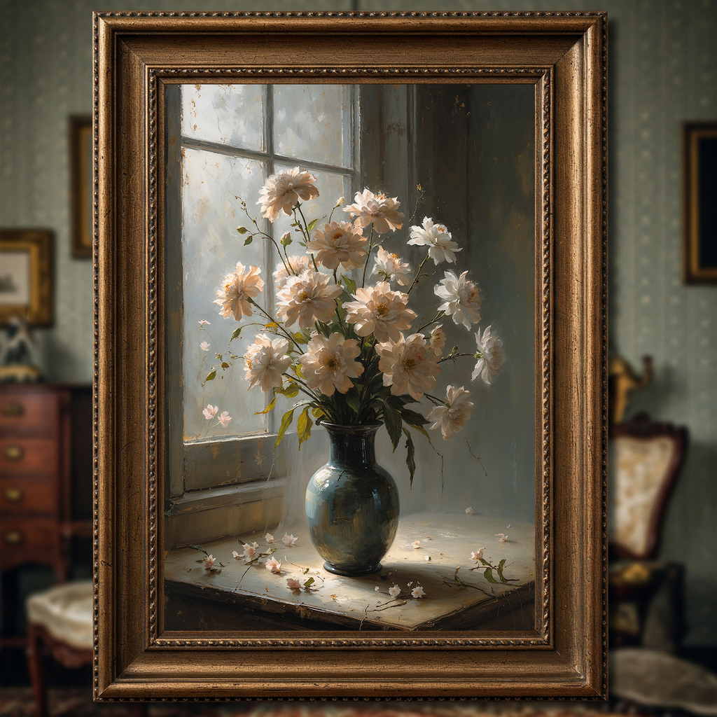 Vintage floral still life digital art by Reflectionare featuring an elegant flower bouquet in a vase wall art print.
