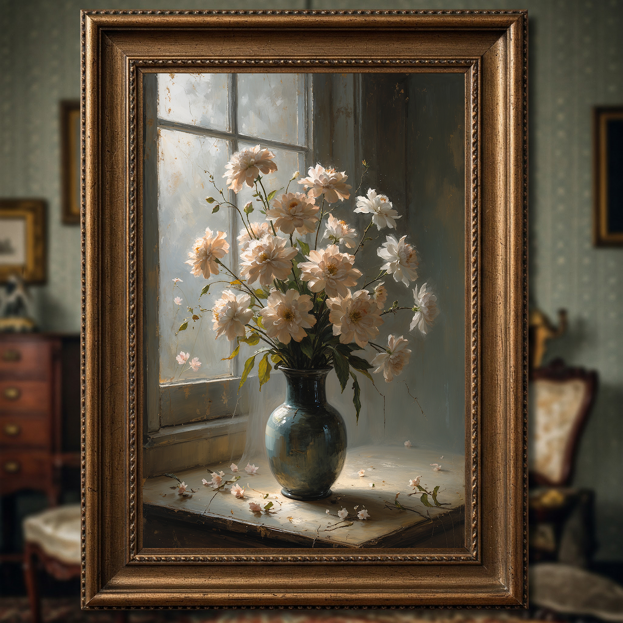 Vintage floral still life digital art by Reflectionare featuring an elegant flower bouquet in a vase wall art print.