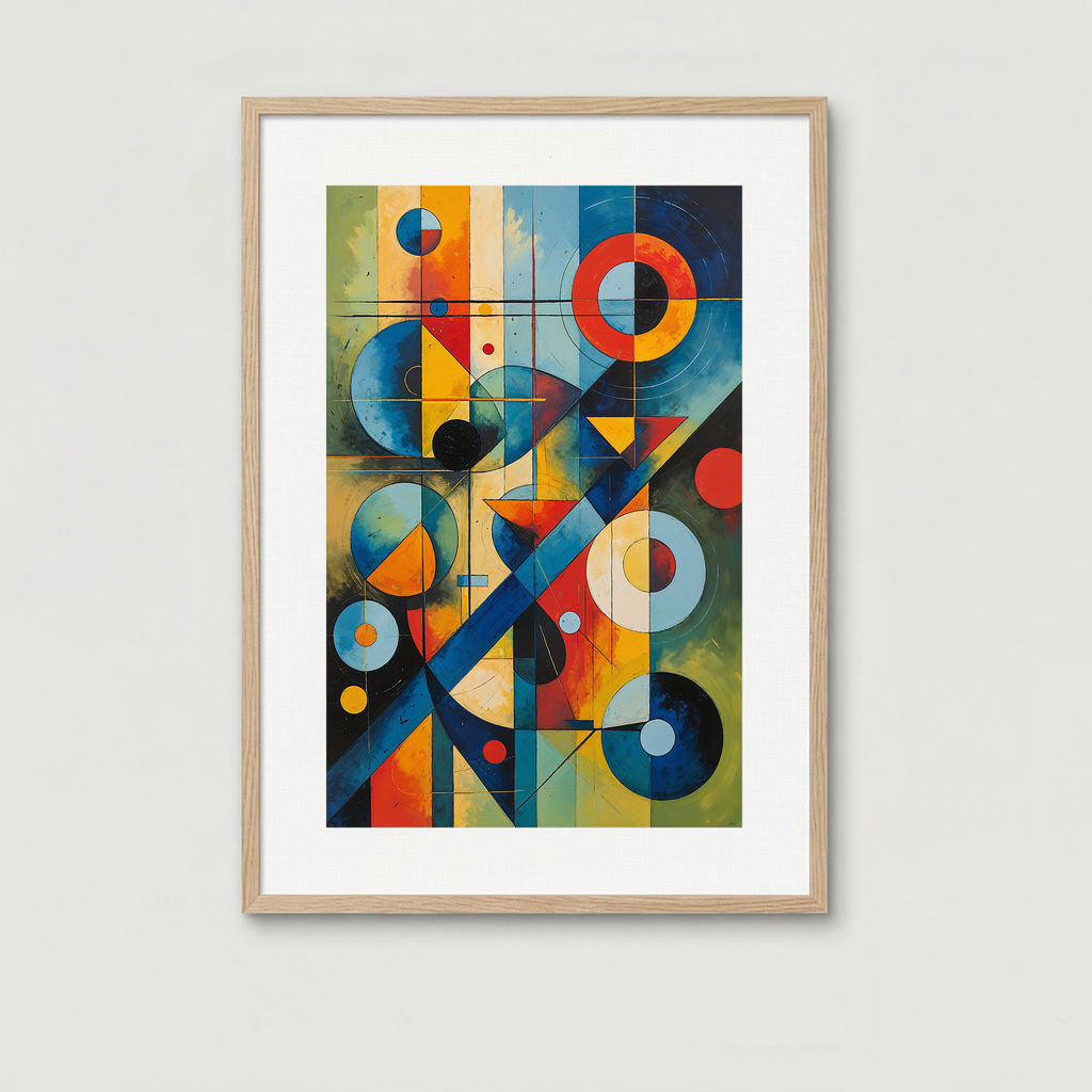 Abstract geometric composition art print by Reflectionare featuring modern Bauhaus style digital wall decor with colorful shapes and clean lines.
