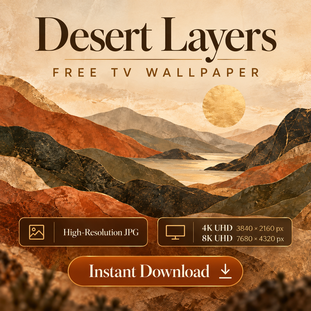 Desert Layers free TV wallpaper with textured terracotta mountains, a golden sun, and 4K and 8K download details