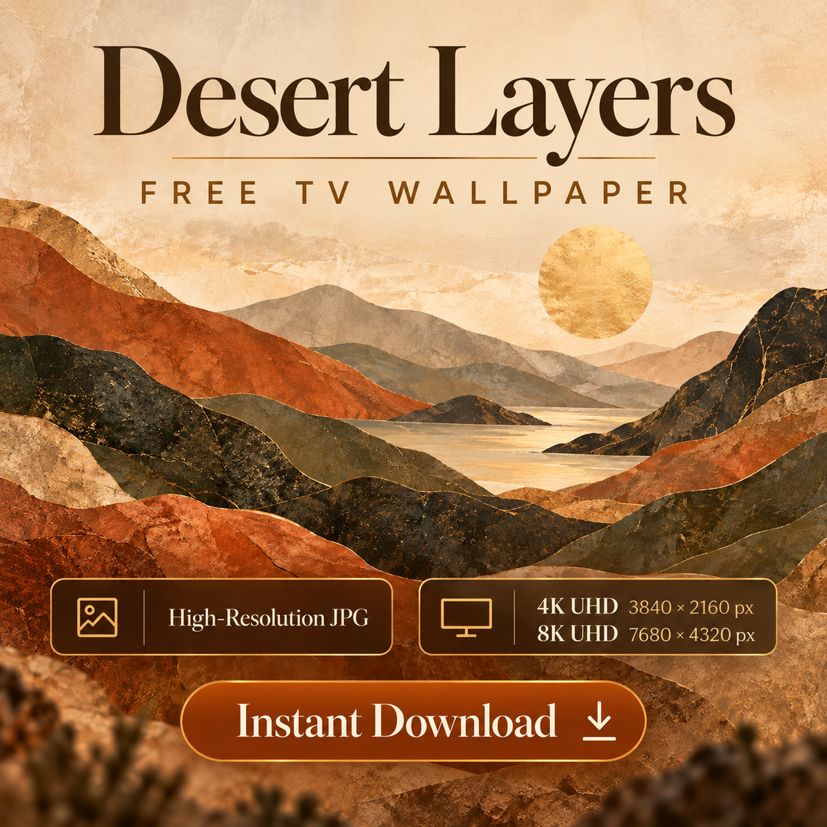 Desert Layers free TV wallpaper with textured terracotta mountains, a golden sun, and 4K and 8K download details