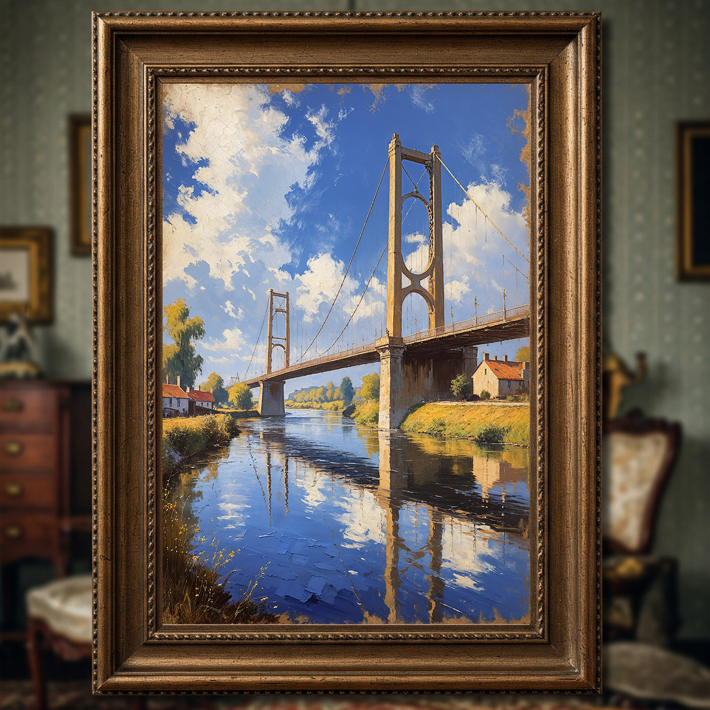 Vintage Suspension Bridge River Painting Wall Art | Digital Download
