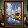 Vintage Suspension Bridge River Painting Wall Art | Digital Download