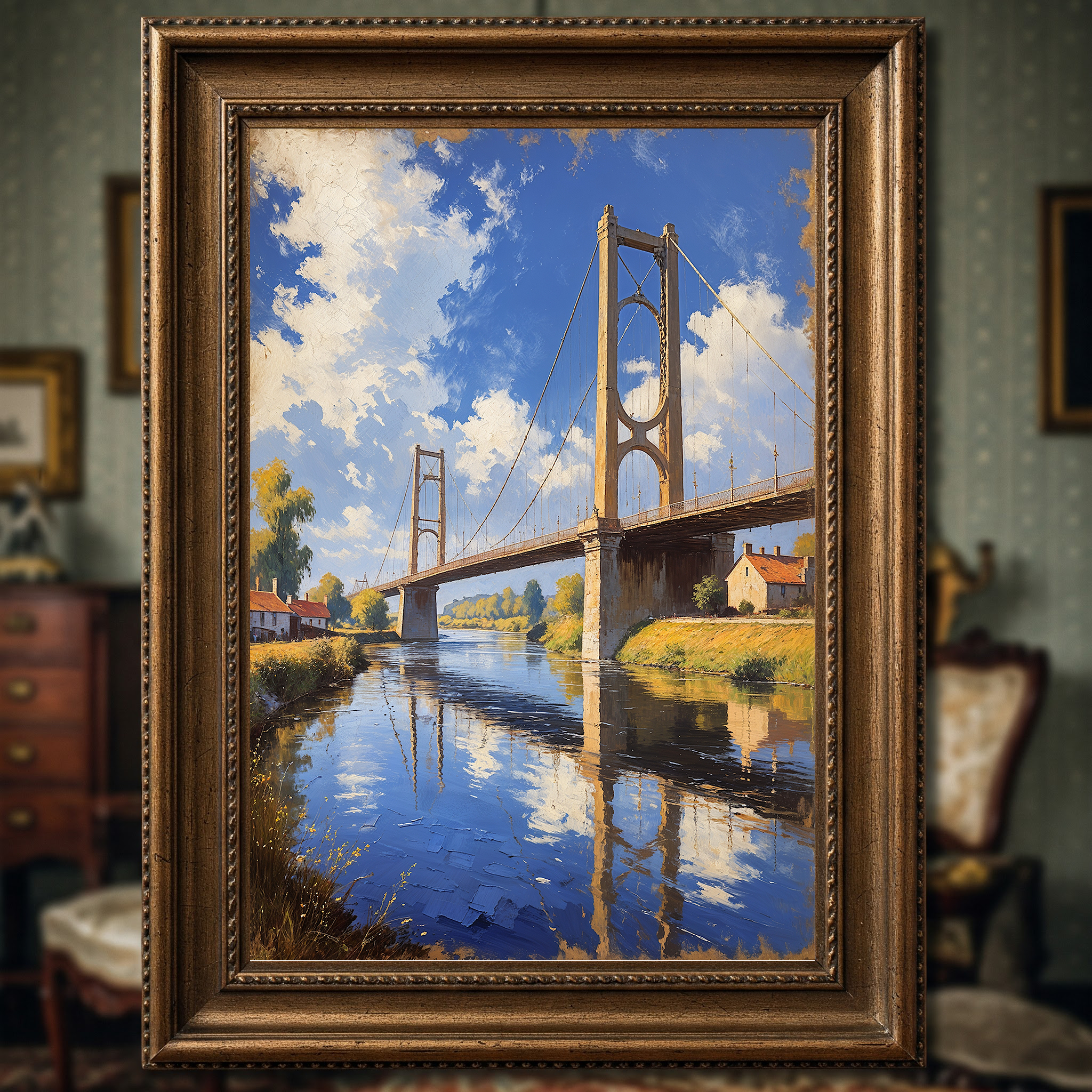 Vintage Suspension Bridge River Painting Wall Art | Digital Download