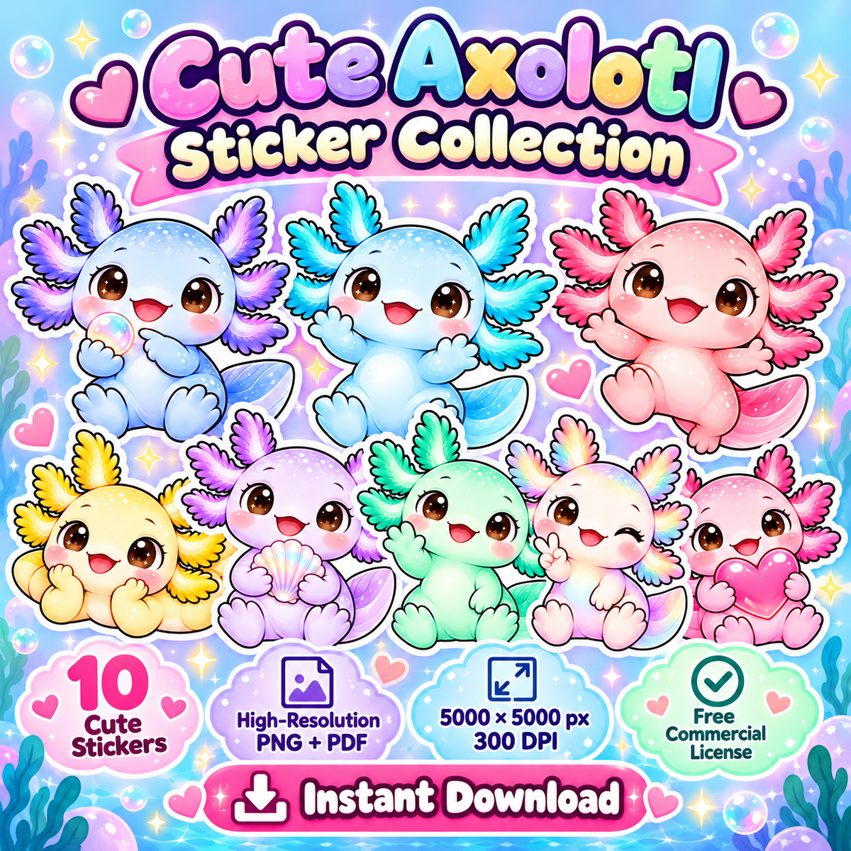 Cute Axolotl Stickers PNG Clipart Pack | Digital Download