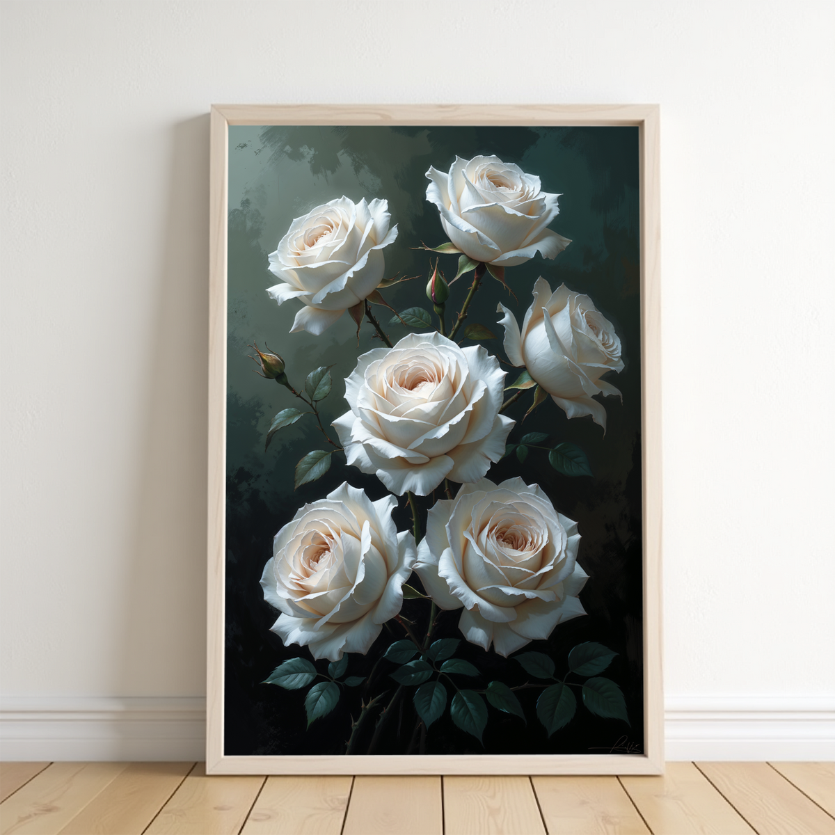 Elegant white rose botanical wall art with dark green background by Reflectionare