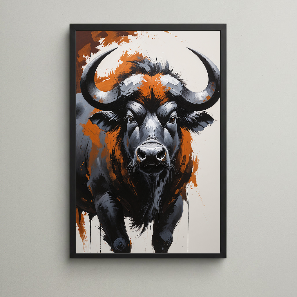 Abstract African buffalo digital art print by Reflectionare, featuring modern wildlife wall decor with bold, artistic buffalo imagery.