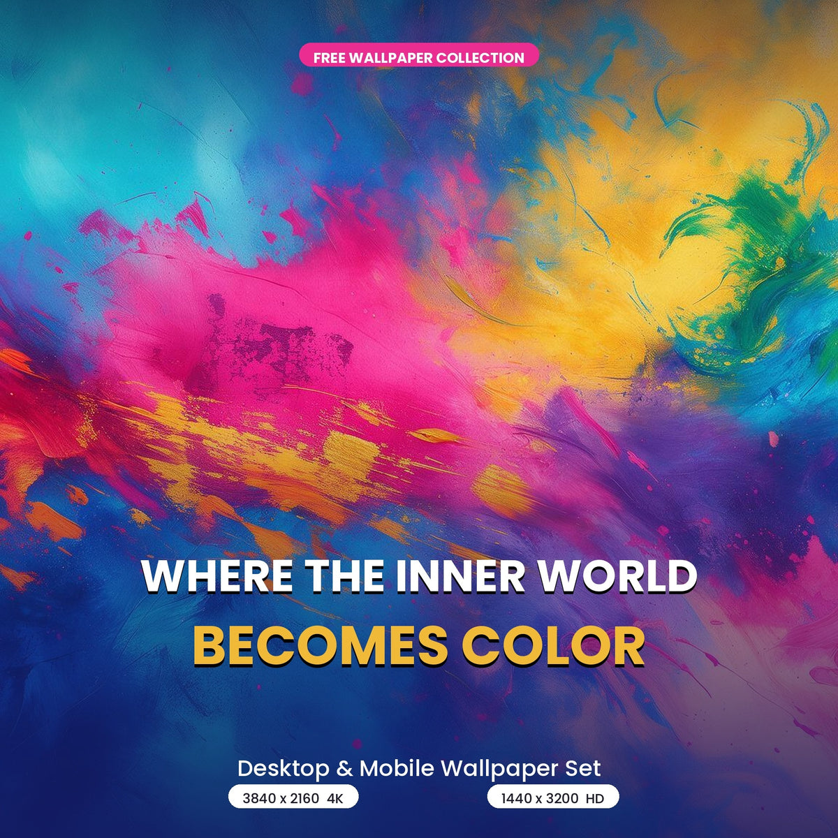Colorful abstract wallpaper with turquoise, magenta, gold and deep blue paint textures