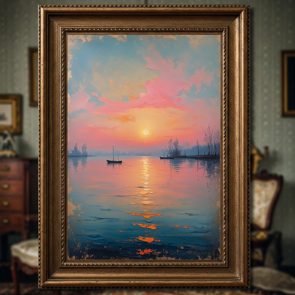Serene Sunset Boat Painting Lake Seascape | Digital Download