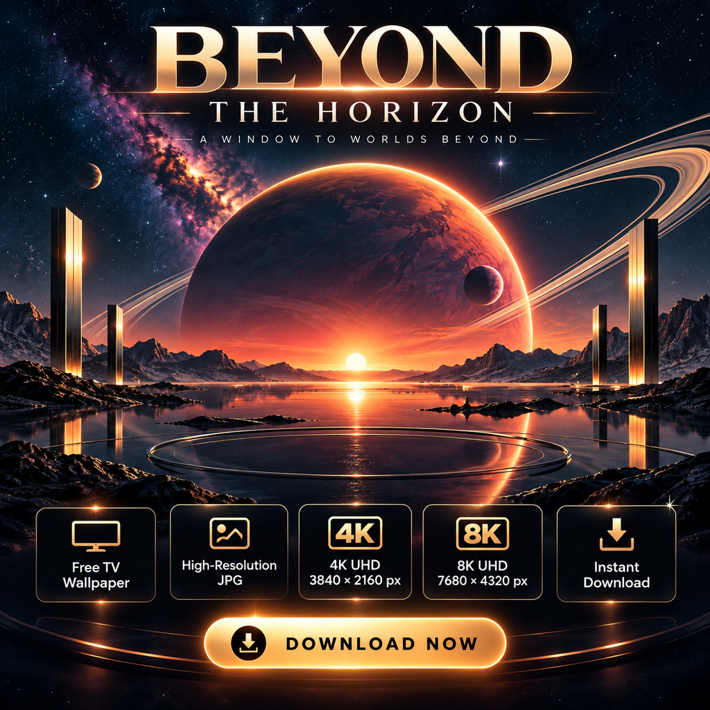 Beyond the Horizon free TV wallpaper with a glowing ringed planet over a futuristic landscape and 4K and 8K details