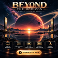 Beyond the Horizon free TV wallpaper with a glowing ringed planet over a futuristic landscape and 4K and 8K details