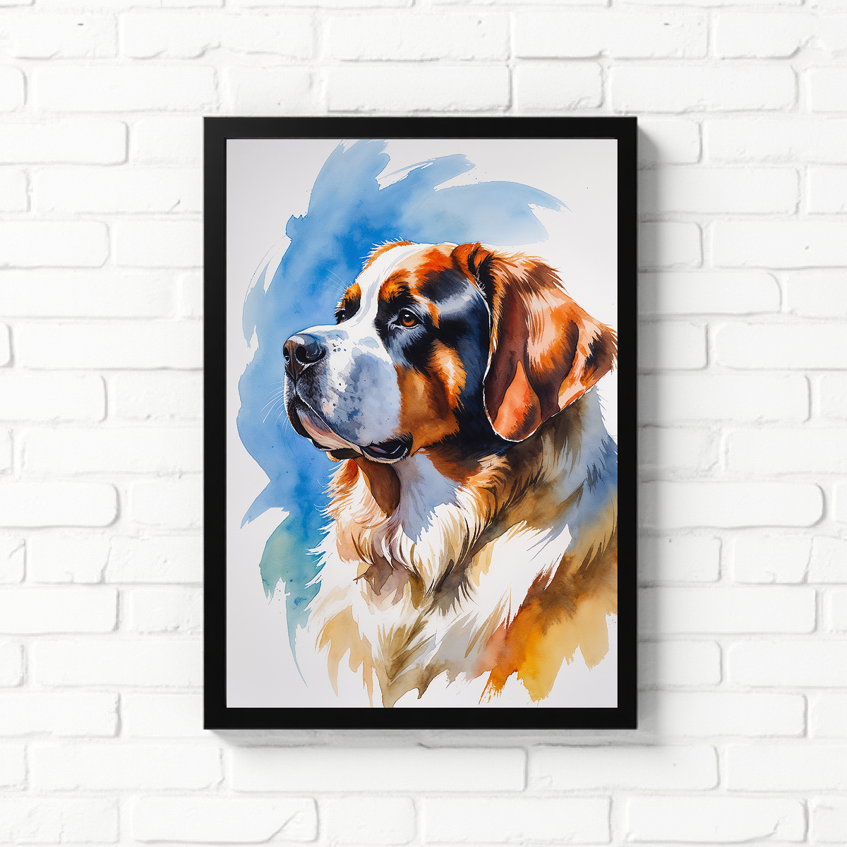 Watercolor Saint Bernard dog portrait with golden-brown fur and blue wash