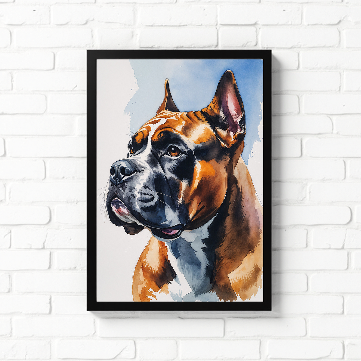 Watercolor Boxer dog portrait with fawn coat and blue wash
