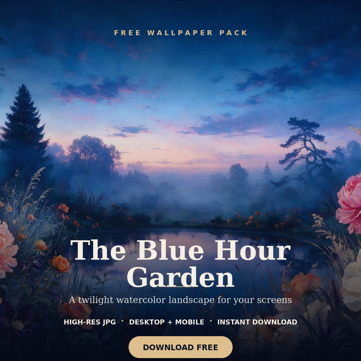 Blue Hour Flower Garden twilight landscape with flowers and reflective water by Reflectionare