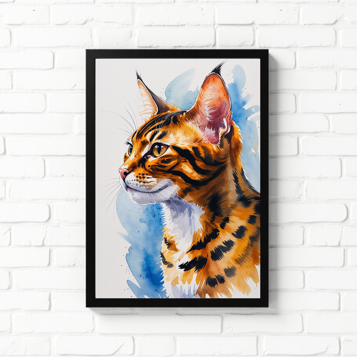 Bengal cat watercolor portrait with spotted coat by Reflectionare