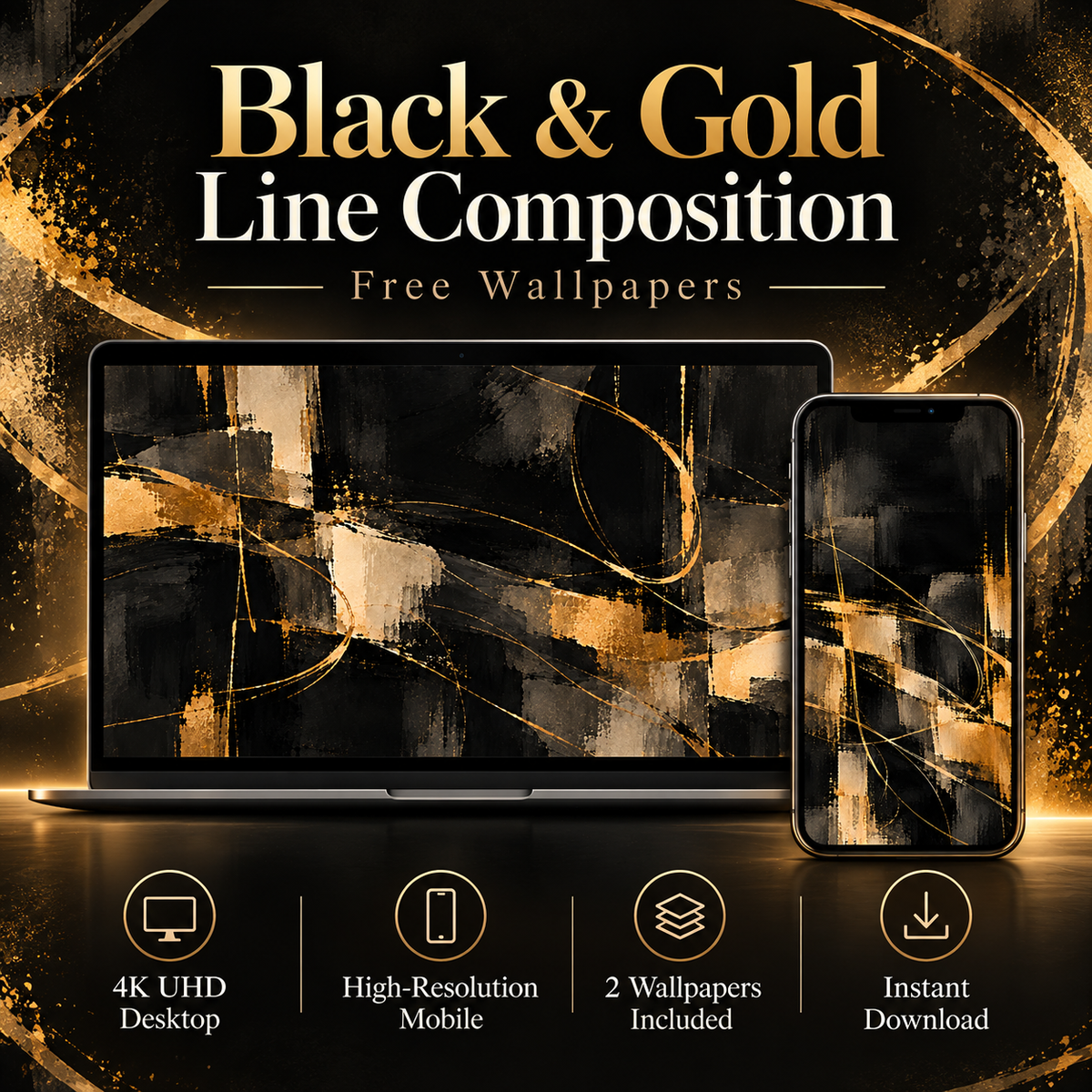 Black & Gold Line Composition – Free 4K Wallpaper | Digital Download