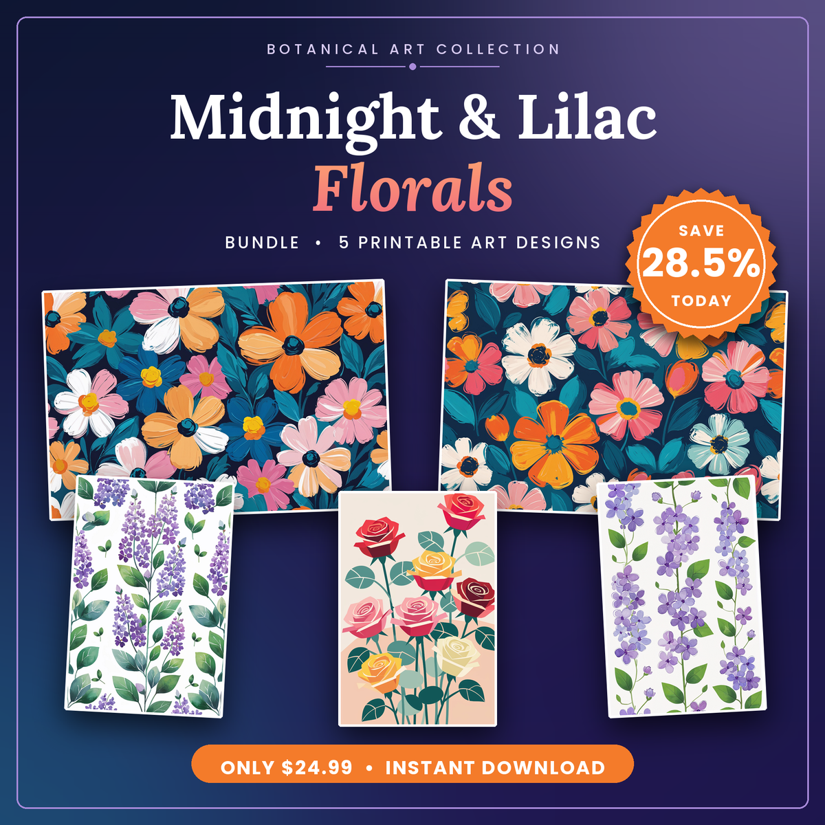 Midnight & Lilac Florals - 5 Premium Botanical Wall Art Prints Bundle