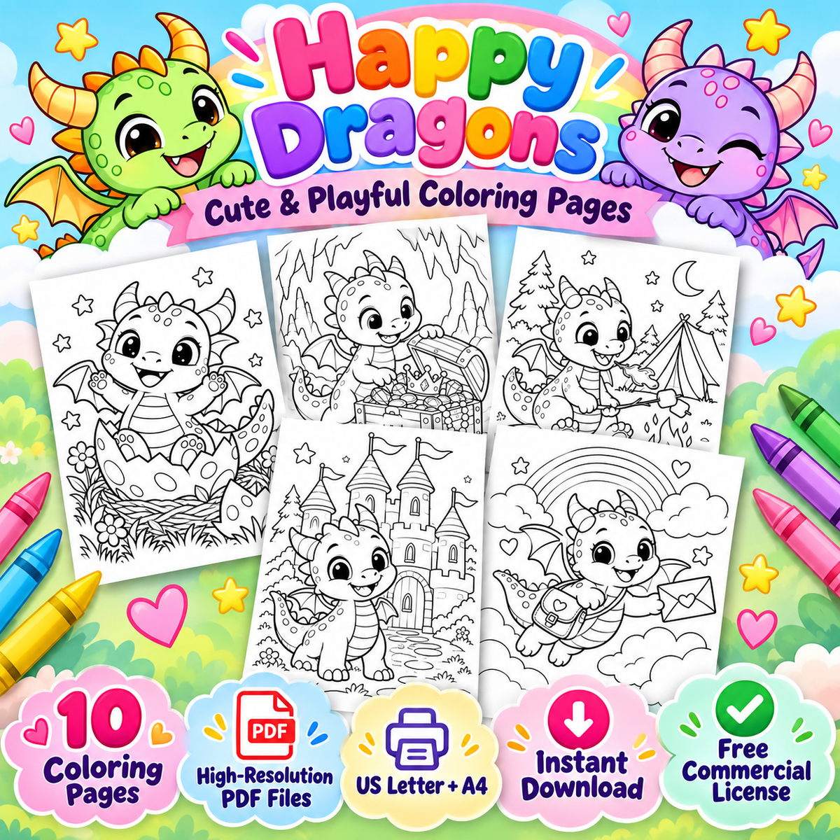 Happy Dragons coloring pages printable PDF bundle preview
