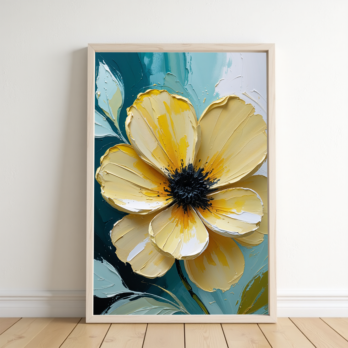 Yellow impasto anemone flower wall art with teal and cream tones by Reflectionare