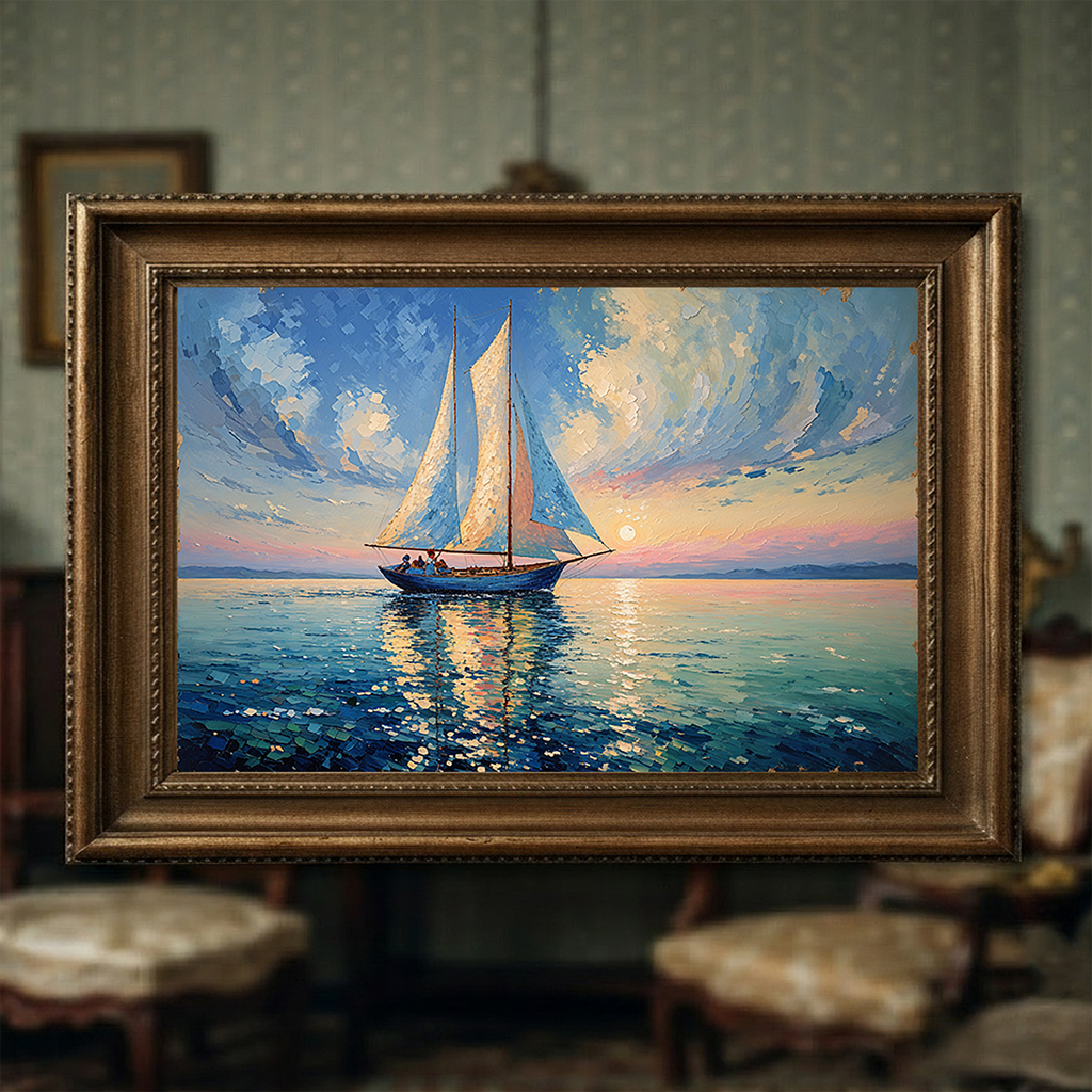 Sailboat Sunset Oil Painting Seascape | Digital Download