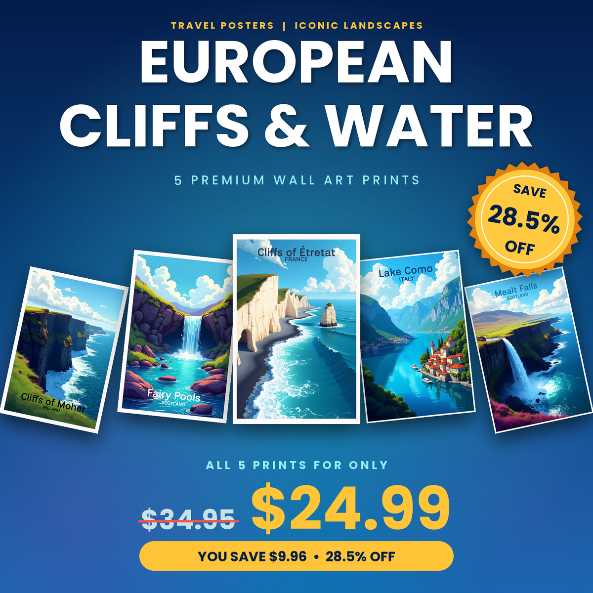 European Cliffs & Water - 5 Premium Wall Art Prints Bundle