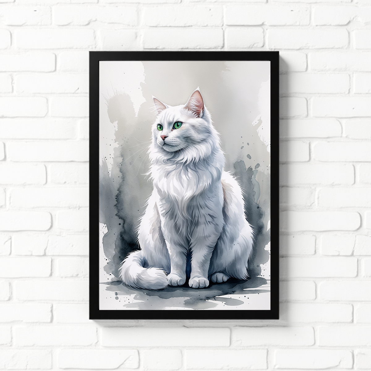 Watercolor white cat portrait in a black frame on a white brick wall