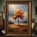 Vintage golden tree scene digital art by Reflectionare, impressionist autumn landscape print showing vibrant fall colors and trees.