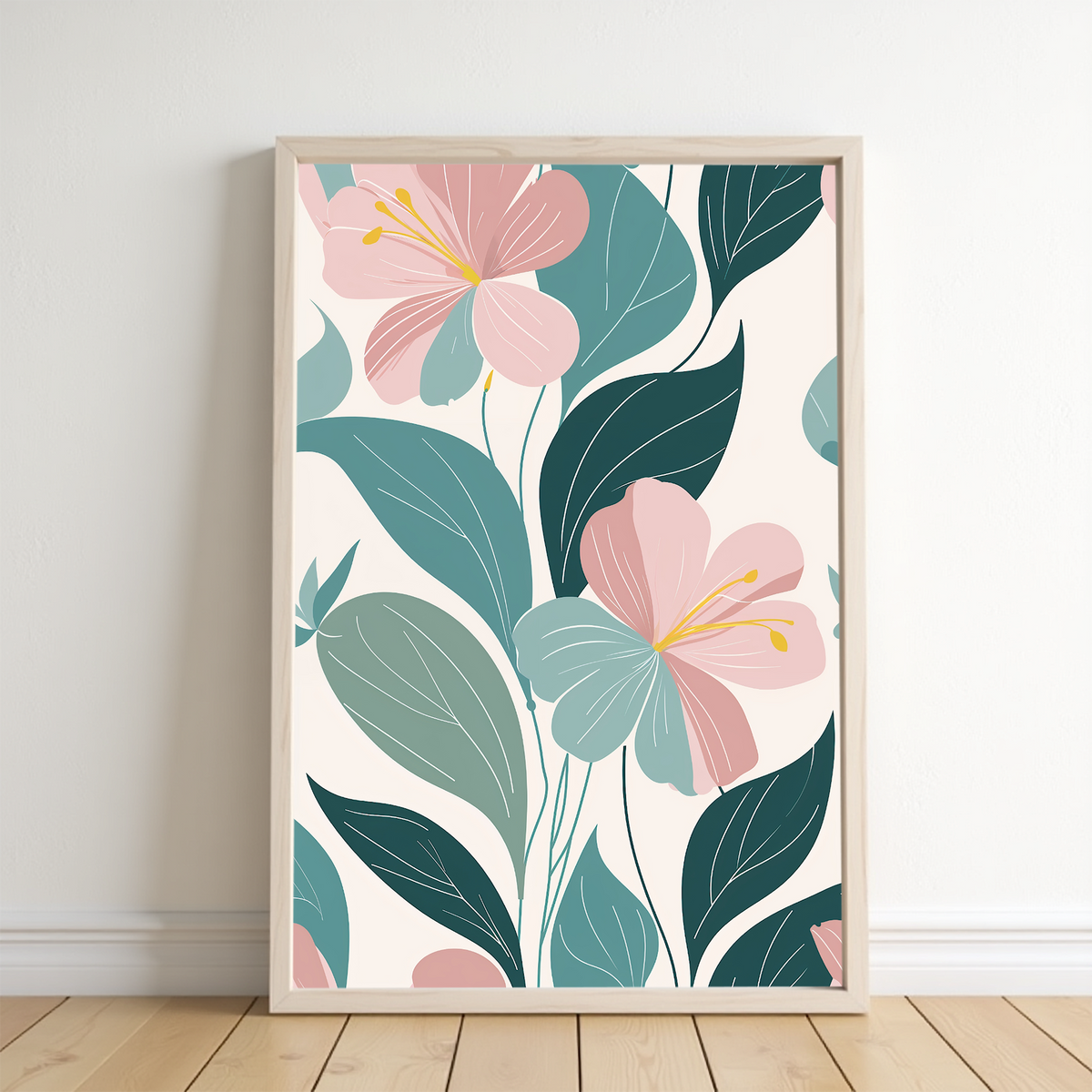 Soft pink lily botanical wall art with dusty pink teal green and warm cream palette