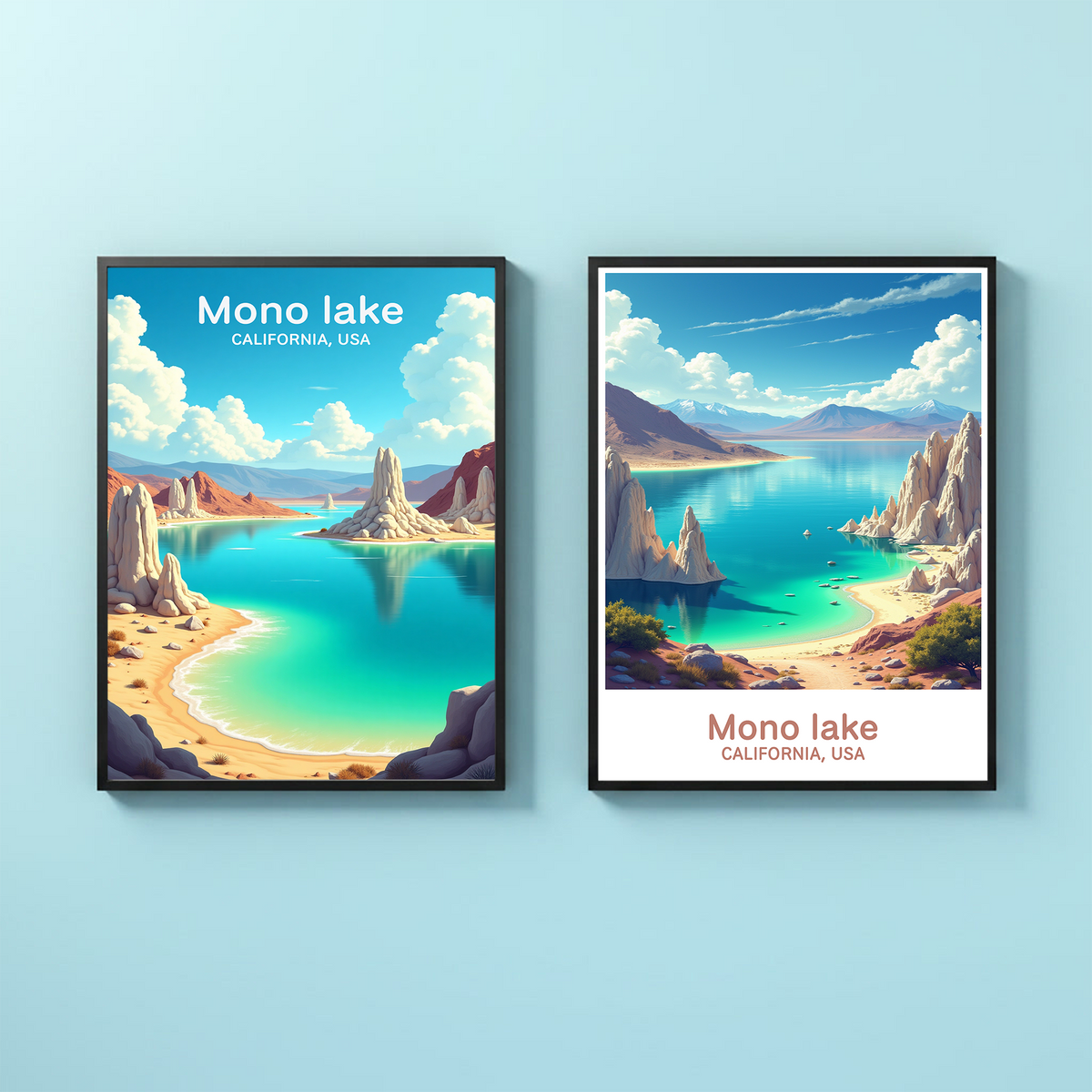 Mono Lake travel poster with turquoise water blue sky and warm desert tones