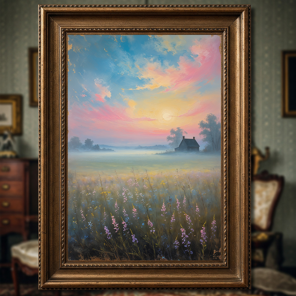 Vintage countryside sunrise digital art print by Reflectionare featuring a retro landscape wall decor scene with warm colors and scenic nature views.