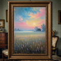 Vintage countryside sunrise digital art print by Reflectionare featuring a retro landscape wall decor scene with warm colors and scenic nature views.