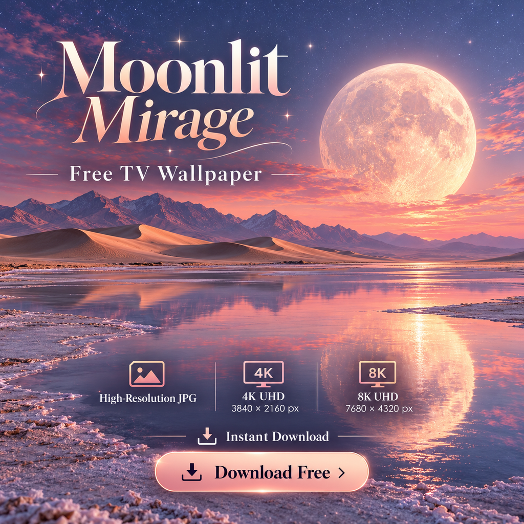 Moonlit Mirage free 4K and 8K TV wallpaper preview with full moon and pastel desert landscape