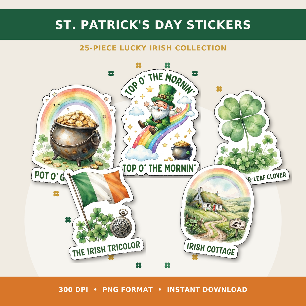 Cute St Patricks Day Stickers PNG Clipart | Digital Download