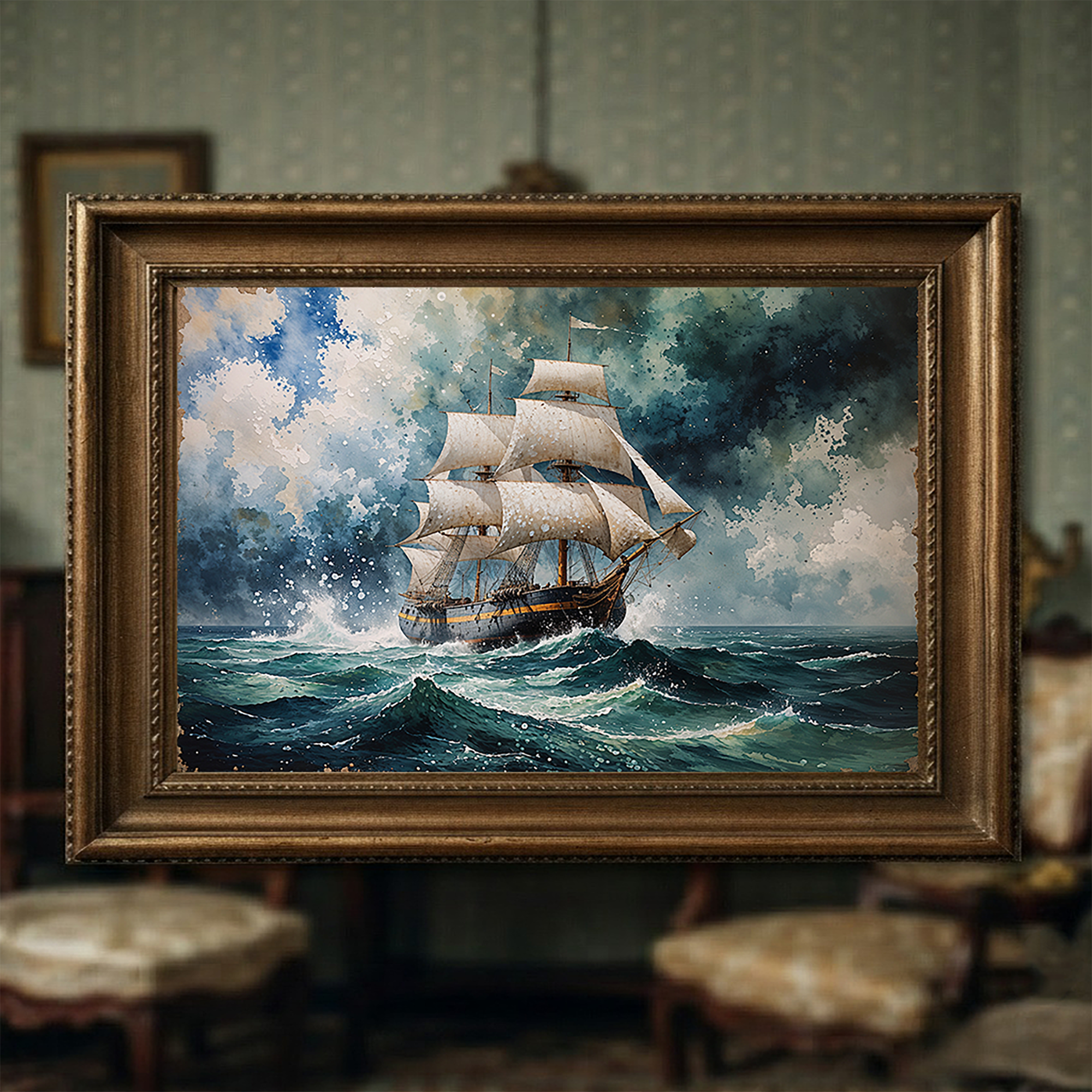 Vintage Tall Ship Sea Storm Painting | Digital Download