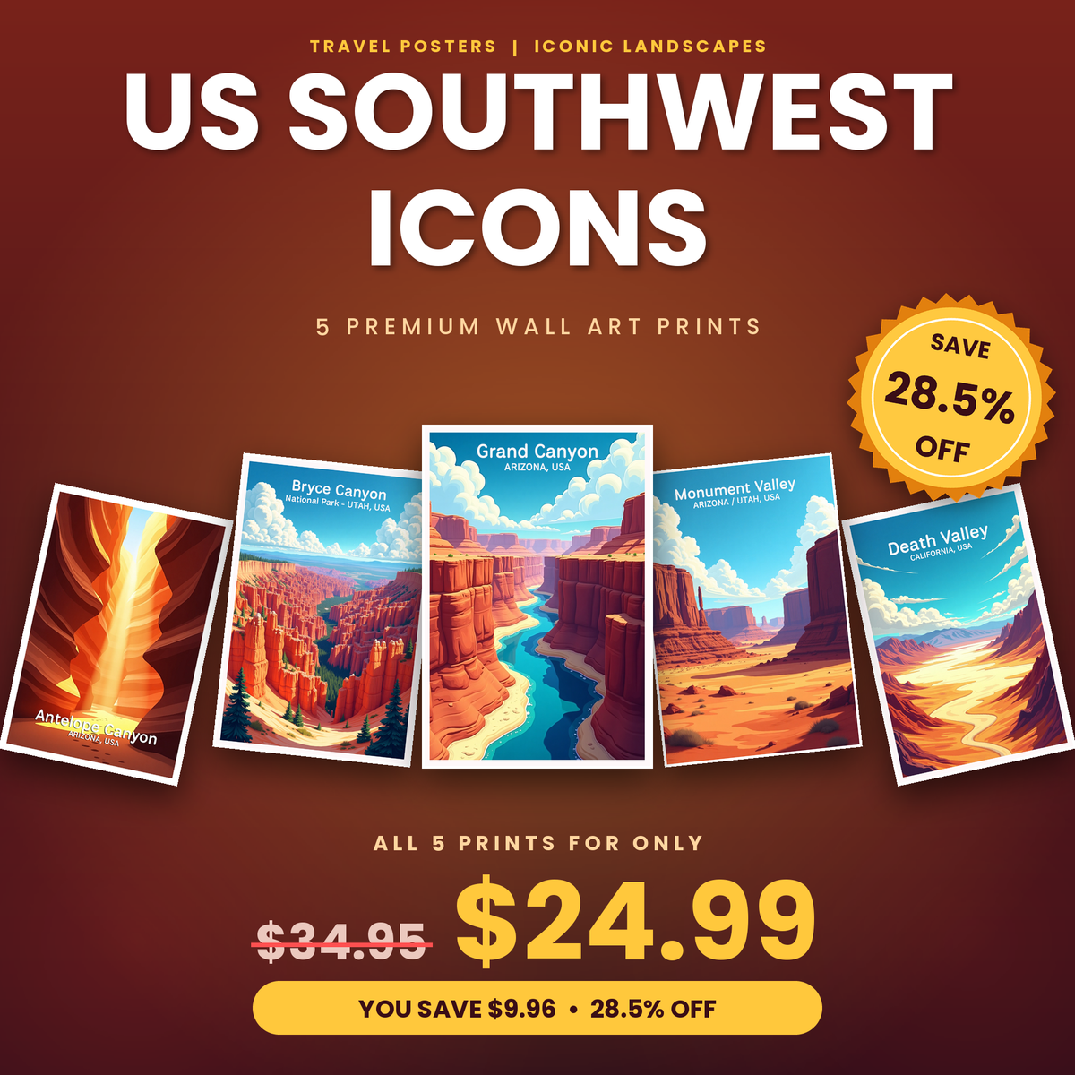US Southwest Icons - 5 Premium Wall Art Prints Bundle
